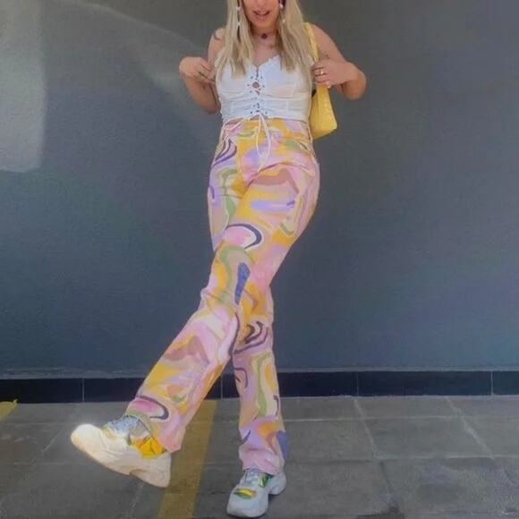 ZARA Straight Leg Abstract Swirl Print Jeans Size 2 Multicolor - Picture 2 of 11